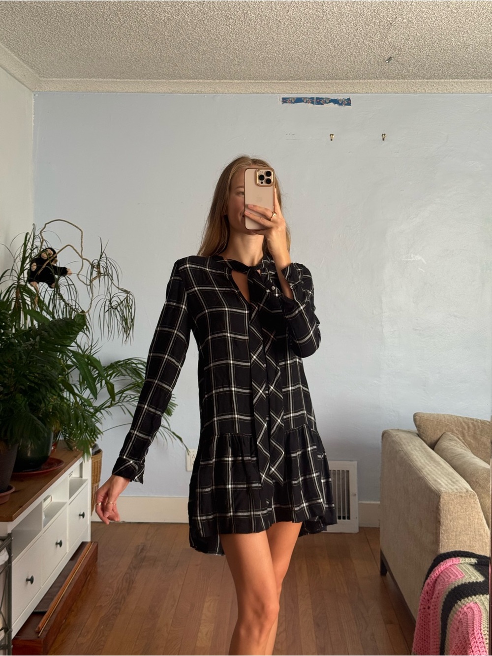 Zara Black Plaid Tie-Neck Mini Dress, Mod Mid-Century Twiggy